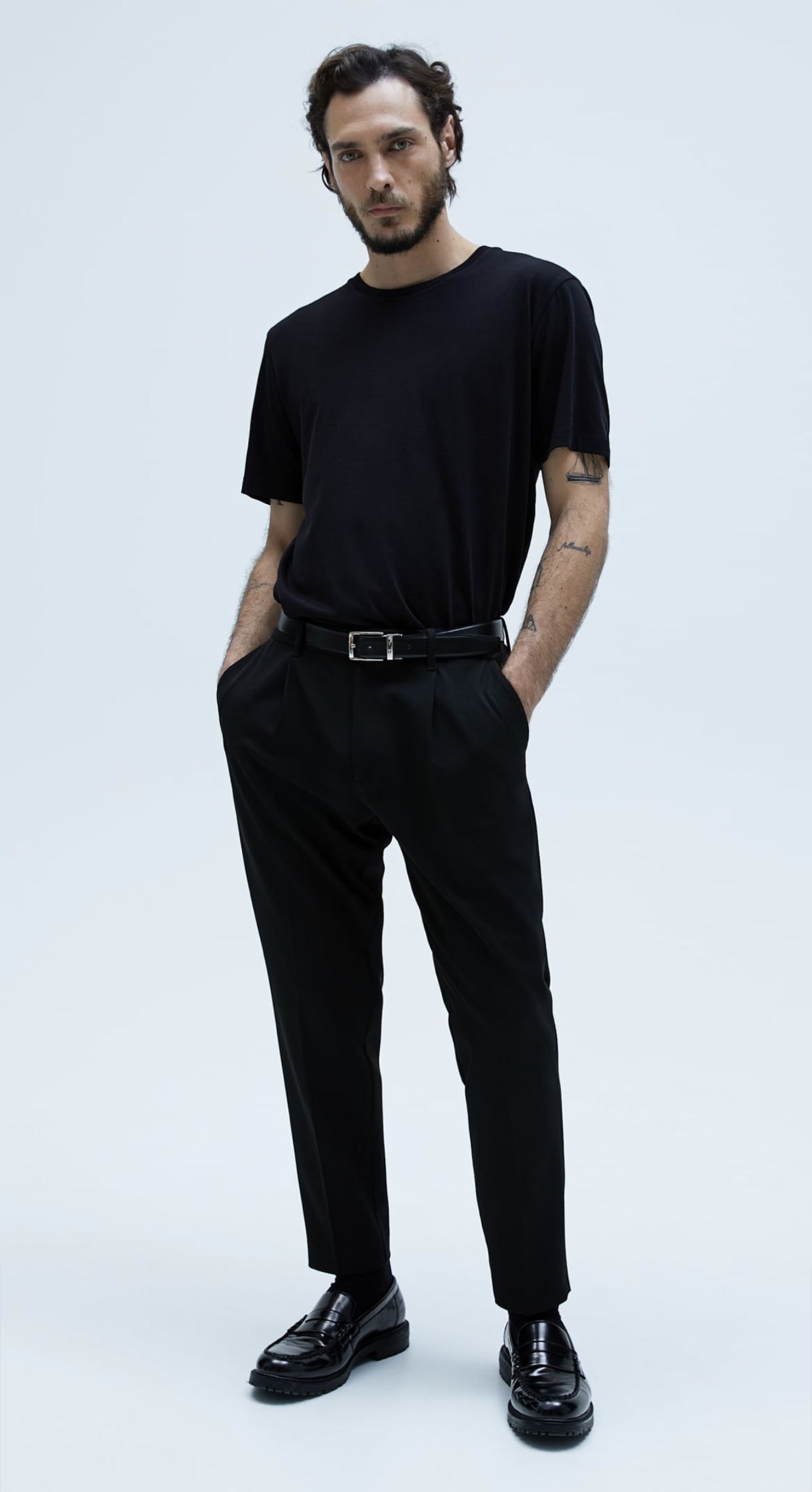Pinterest style reference: black T-shirt and tailored trousers